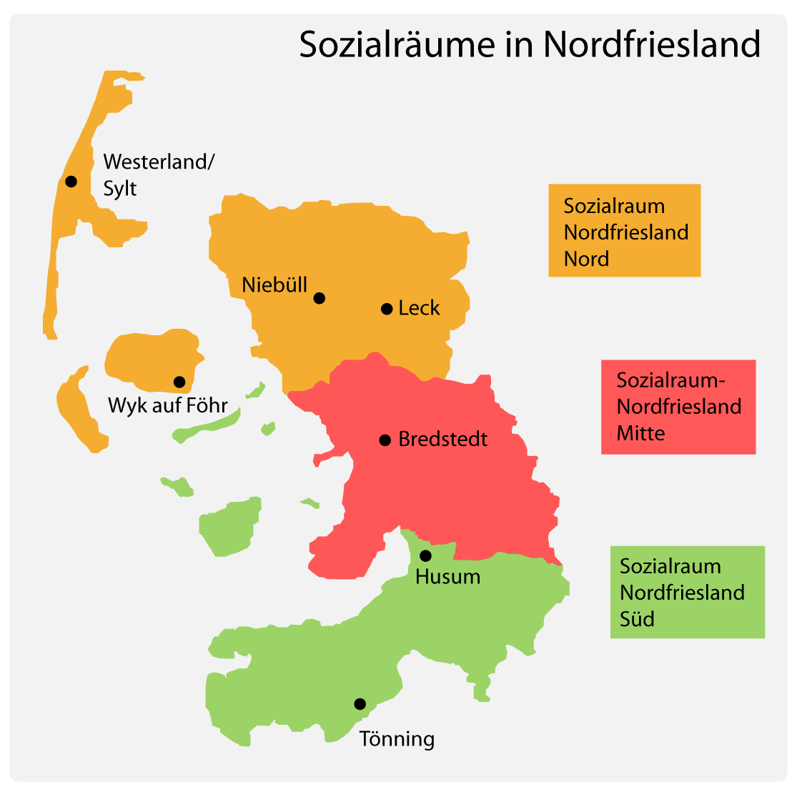 Übersicht der drei Sozialräume Nord (gelb), Mitte (rot) und Süd (grün)